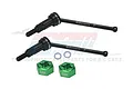 Two black metal CVD driveshafts with 48mm markings and two green aluminium wheel hexes on a white background.