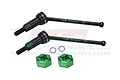 Two black carbon steel RC rear CVD driveshafts with green aluminium wheel hexes and two small washers on a white background.