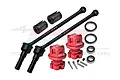 GPM Racing 110mm carbon steel CVD driveshafts with red aluminium wheel hex adapters, bearings, and hardware on a white background.