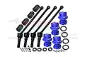 GPM Racing 110mm carbon steel CVD driveshafts with blue aluminium wheel hex hubs, lock nuts, and hardware components.