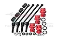 A set of GPM Racing RC car drivetrain parts including four black steel CVD shafts, four red aluminium wheel hex hubs, and various small hardware components.