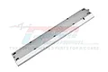 A silver aluminium chassis skid plate for RC cars by GPM Racing, featuring machined mounting holes and engraved branding.