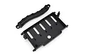 A black plastic RC battery tray and matching battery hold-down strap on a white background.