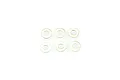 A set of six small, silver-coloured metal washers arranged in two rows of three against a plain white background.