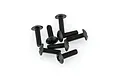 A small pile of eight black metal button head screws with fine threading, isolated on a white background.