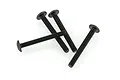 Four black metal button head screws with fine threading arranged on a white background.