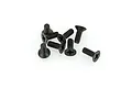 A small pile of eight black metal countersunk screws with Phillips heads on a white background.