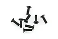 A group of eight black metal countersunk screws with Phillips heads arranged on a white background.