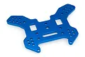 A blue anodised aluminium rear shock tower for an RC car, featuring multiple mounting holes and cutouts, isolated on a white background.