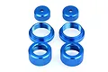 A set of six blue anodized aluminium RC shock absorber components, including two caps and four threaded collars, arranged on a white background.