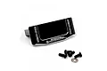 A black aluminium servo mount by Yeah Racing with silver accents and included mounting hardware on a white background.