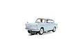 A 1/32 scale Scalextric Harry Potter Ford Anglia 105E slot car in light blue with white roof, featuring Harry and Ron figures inside.