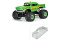 A composite image showing a fully painted and assembled 1957 Chevy Bel Air monster truck alongside its unpainted clear polycarbonate body shell.