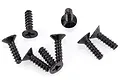 A group of seven black metal countersunk screws with coarse threads and cross-head drives arranged on a white background.