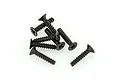 A group of eight black metal countersunk head screws with coarse threads arranged on a white background.