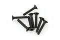 A group of eight black metal countersunk screws with coarse threads arranged on a white background.