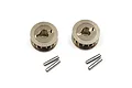Two titanium gold coloured aluminium RC pulleys with four small metal pins on a white background.