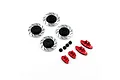 A set of Yeah Racing aluminium disc brake wheel hexes with silver discs, black hex hubs, red brake calipers, and small mounting screws on a white background.