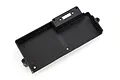 A black plastic electronics mounting plate for an RC car, featuring a rectangular tray design with mounting holes and a switch cutout.