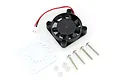 A 40x40mm black cooling fan with a red and black wire, a clear plastic fan guard, four metal screws, and four small white plastic spacers.