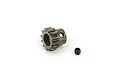 A steel 12-tooth pinion gear with a set screw on a white background.