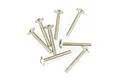 A set of eight silver-coloured metal button head screws arranged on a white background.