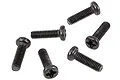 A group of six black metal binder head screws with Phillips drive heads arranged on a white background.