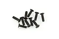 A small pile of ten black metal countersunk screws with Phillips heads arranged on a white background.