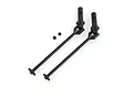 Two black metal universal drive shafts for an RC car, accompanied by two small grub screws, isolated on a white background.