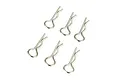 A set of six silver-coloured metal R-clips or body pins for RC car bodies arranged on a white background.