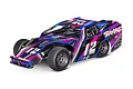 Traxxas Slash Modified RC dirt oval racer in black, pink, and blue livery with number 12 on the side and roof.
