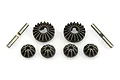 HSP differential gear set including two large bevel gears, four small satellite gears, and two metal pins on a white background.