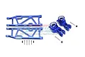 A set of blue anodized aluminium RC suspension parts including two lower arms, two rear hubs, and associated screws and nuts.