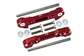 GPM Racing red aluminium front lower suspension mount set with included metal pins, screws, and plastic washers on a white background.