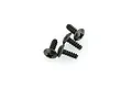 Four black metal button head screws with coarse threads arranged on a white background.