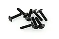 A cluster of eight black metal button head screws with Phillips drive heads arranged on a white background.