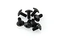A cluster of eight black button head screws with Phillips drive heads on a white background.