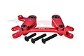 A red anodized aluminium steering bell crank and drag link assembly by GPM Racing, shown with three black mounting screws against a white background.