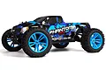 Maverick Phantom MT 1/10 scale RC monster truck in black and blue with bright blue wheels on a white background.