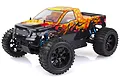 HSP Lion 1/10 scale RC monster truck with a black and flame-patterned body, large off-road tires, and blue shock absorbers on a white background.