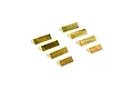 Eight small triangular brass chassis weights arranged in two rows on a white background.