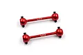 Two red anodized aluminium RC driveshafts with black cross pins, featuring the Yeah Racing logo laser-etched on the shafts.