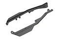 A pair of black plastic RC side rails for a chassis, shown from an angled perspective against a white background.
