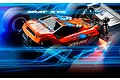An XRAY XT4 1/10 scale electric RC truggy with a bright orange, blue, and black custom-painted body, set against a dynamic blue digital light-streaked background.