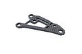 A single carbon fibre rear suspension arm for an RC car, featuring a triangular cutout and multiple mounting holes, isolated on a white background.