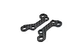 Two carbon fibre RC car parts with a woven texture and multiple mounting holes, isolated on a white background.