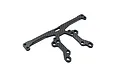 A flat, carbon fiber RC car bulkhead mount part with multiple mounting holes, shown against a plain white background.