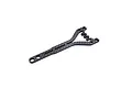 A Y-shaped carbon fibre rear topdeck component for an RC car, featuring a weave pattern and multiple mounting holes.