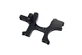 A black anodized aluminum RC car bulkhead part with mounting holes and a distinct H-shape profile against a white background.