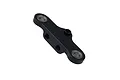 A black anodized aluminium steering rack component for RC cars featuring two ball bearings and three threaded mounting points.